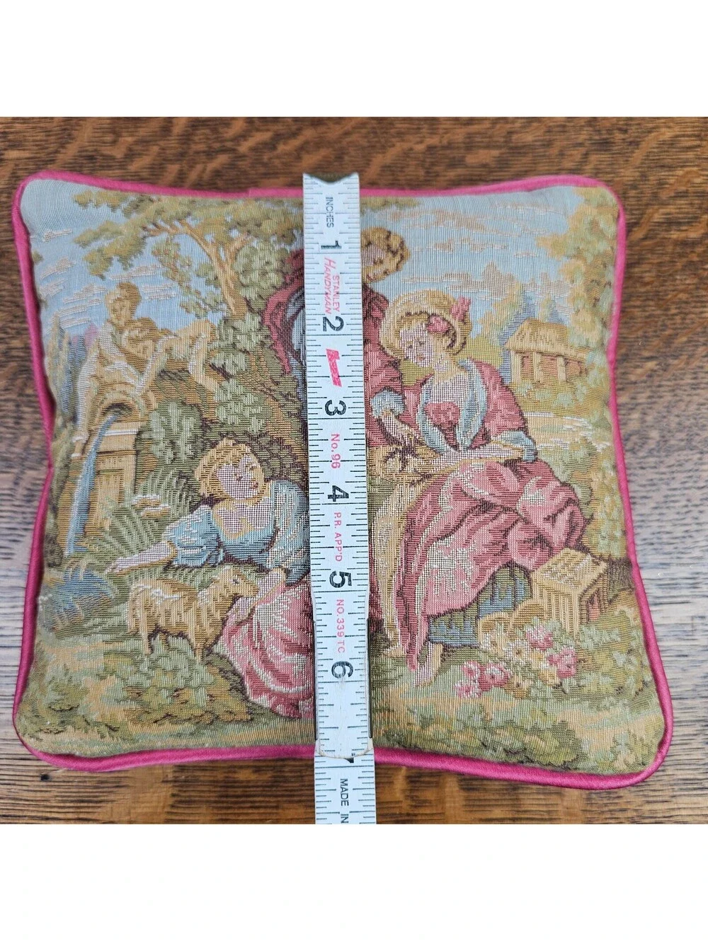 Pair Vintage French Country Tapestry Pillows Pastoral Courting Scenes Pink